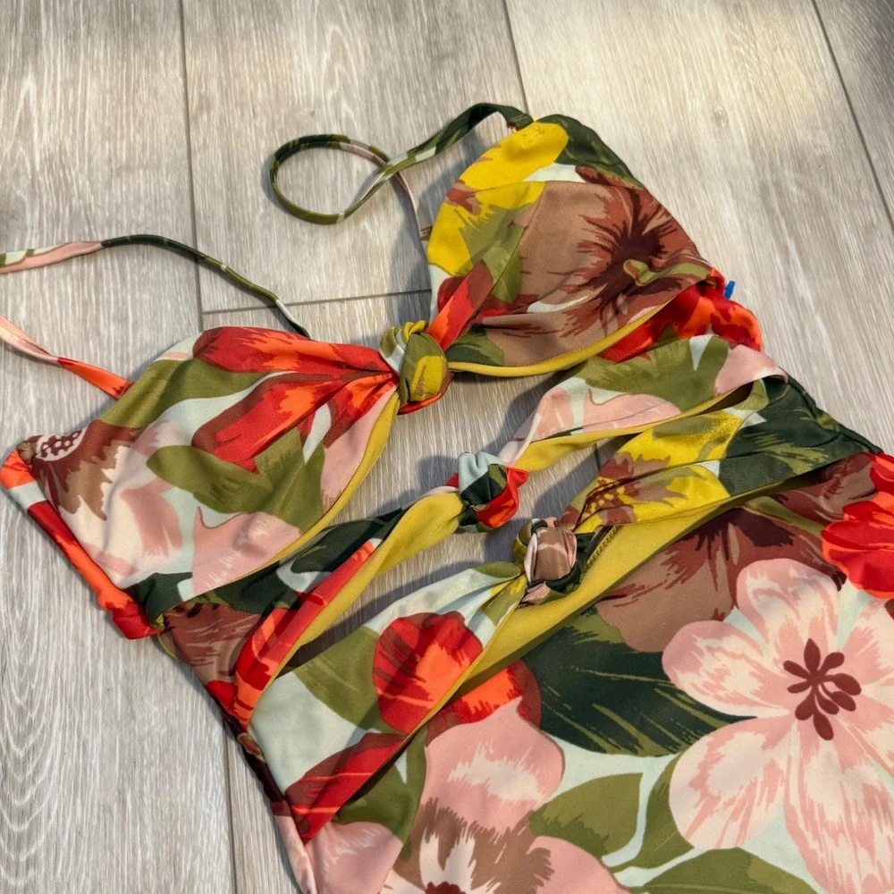 Aerie American Eagle Cut Out One Piece Swimsuit Bikini Bright Floral Triple Knot
